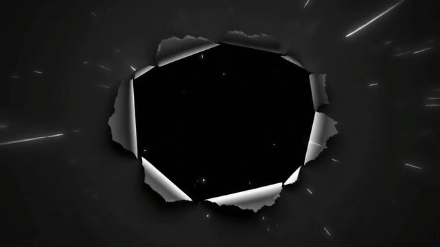 Hand holding a metallic adjustable wrench emerging through a dark torn paper hole in this dynamic digital motion video animation