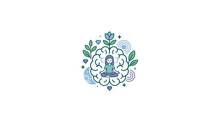 Fototapeta premium Mindfulness Brain Icon, Person Meditating in Lotus Pose, Mental Health, Serenity