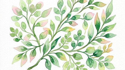 Fototapeta premium A delicate floral arrangement of green leaves and pink petals on branches