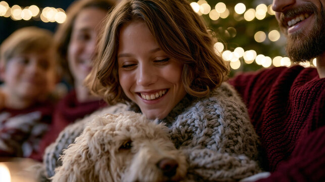 Junge Frau umarmt l&auml;chelnd einen zotteligen Hund im weihnachtlich dekorierten Wohnzimmer
