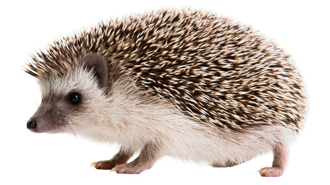 Small African pygmy hedgehog with spiky brown and white quills, isolated on transparent background