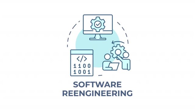 Software reengineering blue concept icon animation. Program modernization strategies. Codebase digital transformation. Cyan circular animated abstract idea. HD video with alpha channel