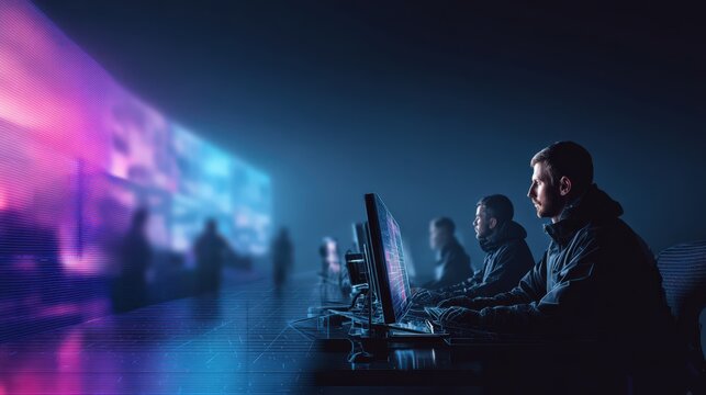 A team of cybersecurity professionals works diligently in a dimly lit room. ..Created with Generative AI, not depicting real subjects.