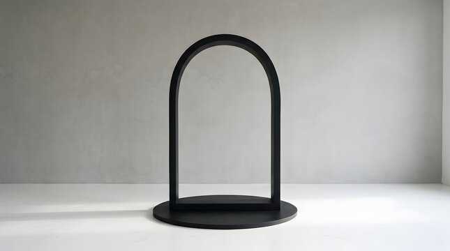 Minimalist black arch sculpture on white surface modern art display