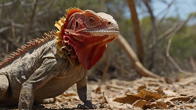 Vibrant red crested iguana standing in dry tropical forest under natural sunlight with sharp detail and focus