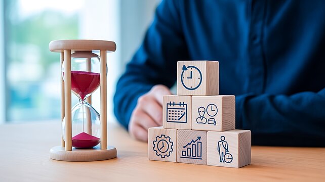 Hourglass and business blocks representing time management and planning concept