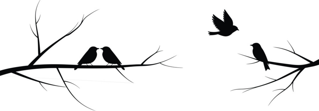 Two black birds kissing on a branch and one flying, with bare tree branches Keywords: bird, silhouette, tree branch, nature