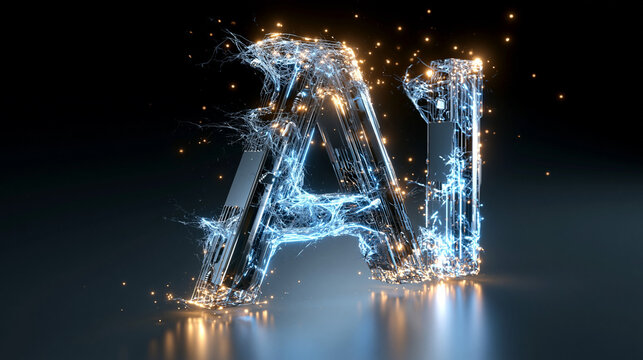 Goldene AI-Buchstaben zerstieben in funkelnde Lichtpartikel vor schwarzem Hintergrund