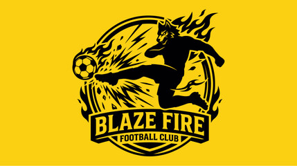 Dynamic silhouette of a football player kicking a flaming ball, set against a vibrant yellow background with fiery accents, representing the Blaze Fire Football Club. © morph