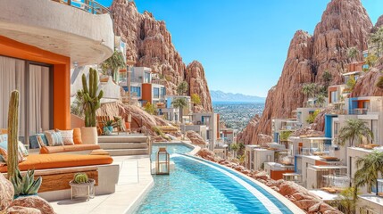 Fototapeta premium Luxury outdoor pool area with modern seating and rocky mountain view