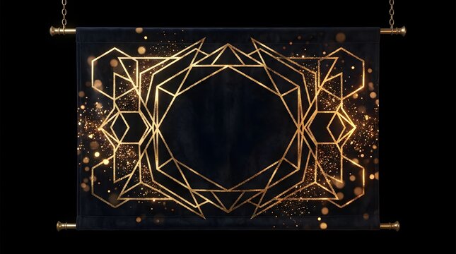 Art deco banner with golden geometric frame and dark fabric texture