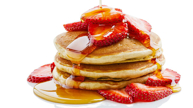 Stack of golden pancakes with fresh strawberries and dripping syrup, isolated on transparent background