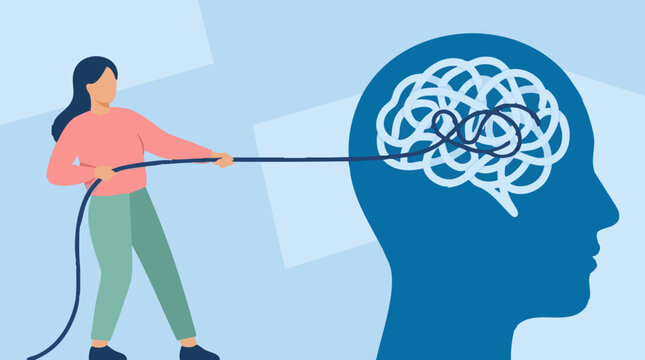 Woman untangling messy thoughts from brain, mental clarity concept