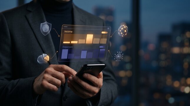 Professional Businessman Managing Financial Growth Analytics Using Futuristic Holographic Smartphone Interface