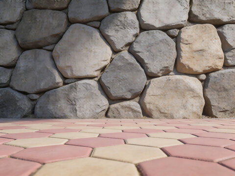 Stone wall and hexagonal pavement