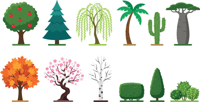 Flat tree icon collection with apple pine willow palm cactus baobab maple sakura birch bushes and garden hedges vector cartoon illustration