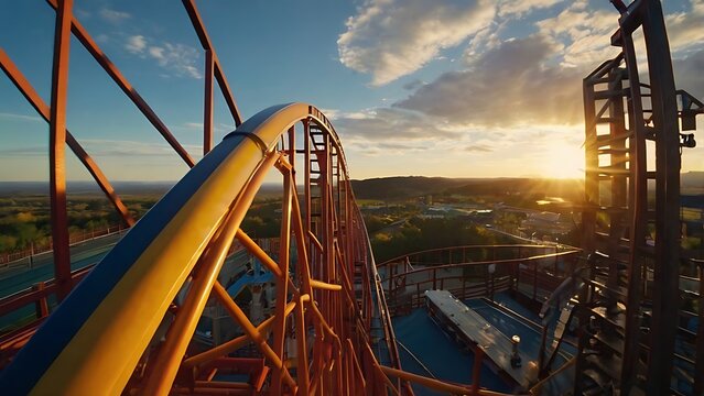 Roller coaster track silhouette against a vibrant golden hour sunset sky creating an adventurous and thrilling summer atmosphere