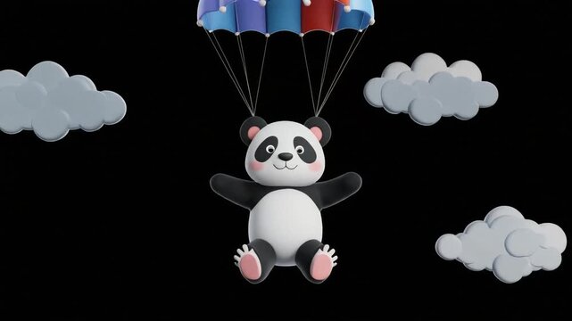 Cute panda bear character floating gracefully with a colorful parachute in this whimsical 3D animated motion video clip design project