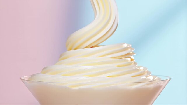 Strawberry Slice Falling Into Yogurt in Slow Motion, Creating Creamy Streams and Glossy Highlights on a Pastel Background