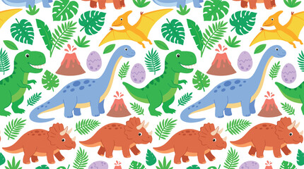 Cute dinosaur seamless pattern background with cartoon tyrannosaurus triceratops brachiosaurus pterodactyl volcano and tropical jungle leaves vector illustration © MdMehedi