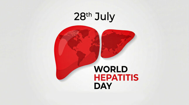 World Hepatitis Day concept for 28th July, red human liver with world map texture, medical awareness poster for viral hepatitis prevention