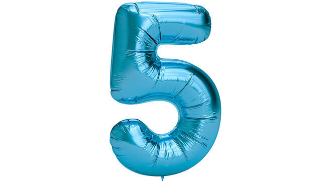 Shiny blue number 5 balloon, isolated on transparent background