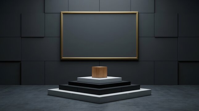 Empty framed canvas on dark wall with geometric pedestal display
