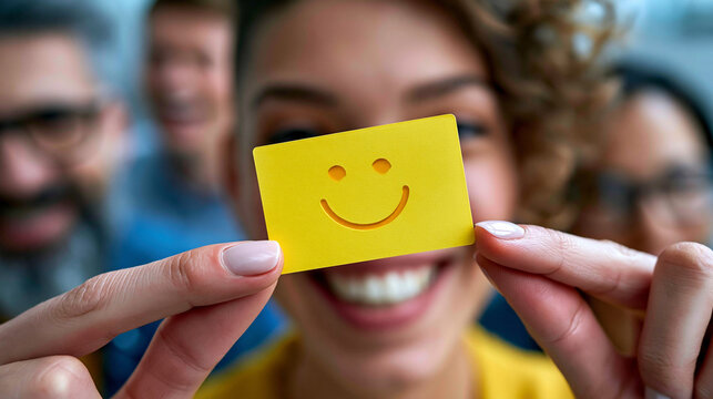 Frau h&auml;lt l&auml;chelnd eine gelbe Karte mit aufgemaltem Smiley vor ihr Gesicht