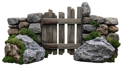 Rustic wooden gate with stone wall and moss, isolated on transparent background © Piotr