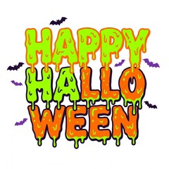 Fototapeta premium Vibrant Halloween greeting featuring spooky dripping slime text in neon green and orange with flying bats, perfect for festive holiday designs