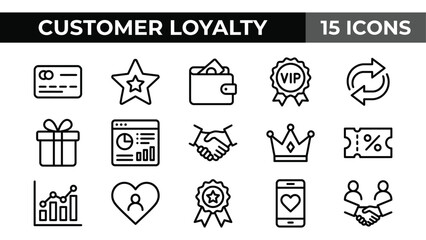 Fototapeta premium Customer Loyalty Icons Set: VIP, Gift, Credit Card, Star, Crown, and Handshake