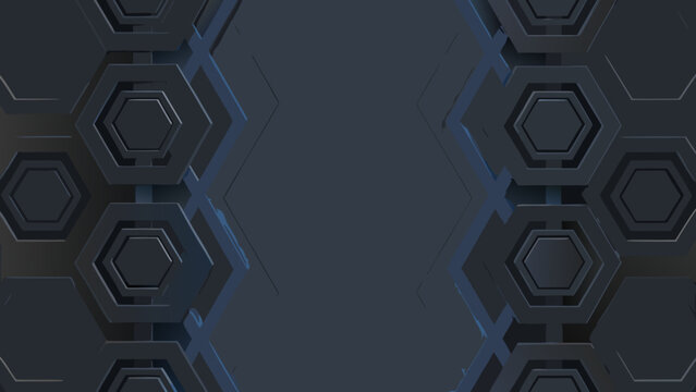 Hexagonal geometric pattern with recessed centers a dark blue 3d rendering for technological backgrounds render abstract background