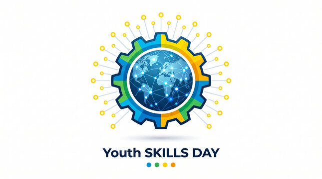 World Youth Skills Day conceptual illustration, global education and technical training icon, blue and yellow gear with earth map on white background