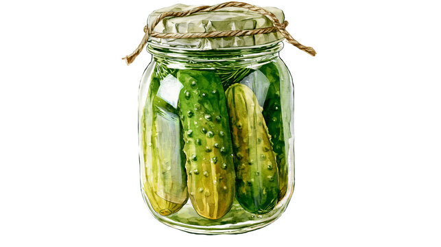 Glass jar with pickled cucumbers tied with twine, isolated on transparent background