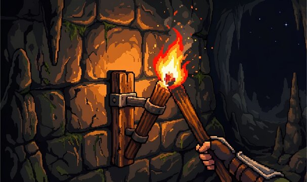 Adventure of Light in a Dark Dungeon: Pixel Art Cave Torch