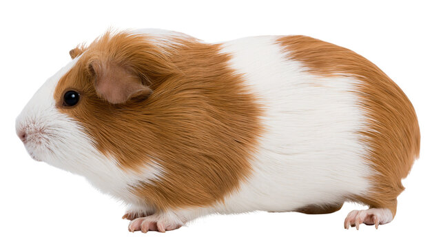 Fluffy brown and white guinea pig standing, isolated on transparent background