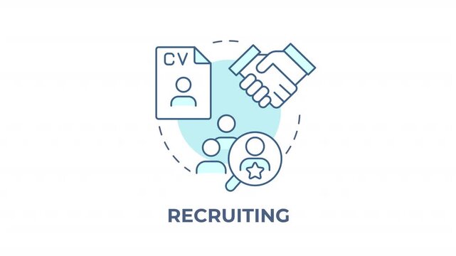Recruiting blue concept icon animation. Talent acquisition strategy. Modern hiring solutions. Workforce scaling. Cv profile. Cyan circular animated abstract idea. HD video with alpha channel