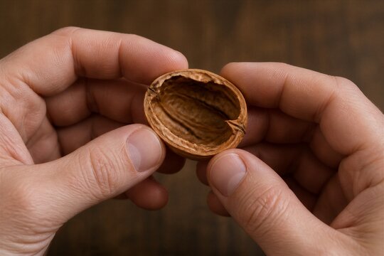 Hands holding cracked walnut shell over wooden surface