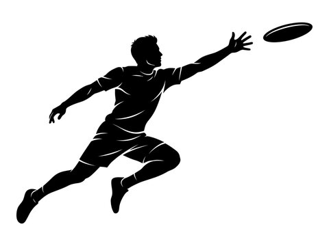 Ultimate Frisbee Player Leaping Forward Catching Flying Disc During Competitive Match Silhouette Illustration Artwork
