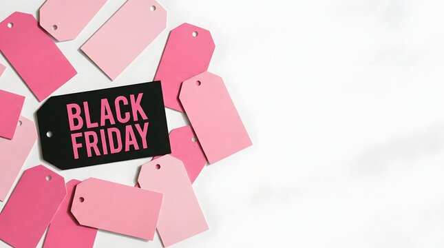 Black friday sale promotion with pink tags and white background