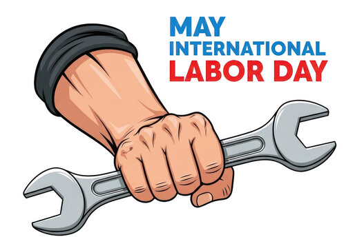 Hand holding a metal wrench with may international labor day text in blue and red colors isolated on a black background, for workers
