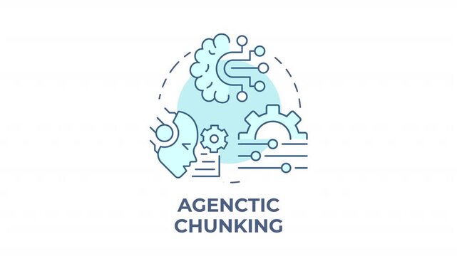 Agenctic chunking blue concept icon animation. AI data optimization. Llm knowledge structuring. Artificial intelligence. Cyan circular animated abstract idea. HD video with alpha channel
