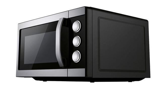 Modern black microwave oven with brushed metal trim and three control knobs, isolated on transparent background