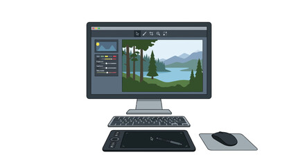 Fototapeta premium Digital Art Creation: Computer, Graphics Tablet, Keyboard, Mouse, Landscape Design