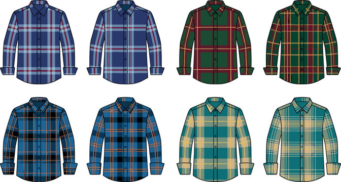 Set of Colorful Plaid Flannel Shirts Featuring Various Tartan Patterns and Color Schemes, Casual Men's Apparel Vector Illustration for Fashion Design and E-commerce