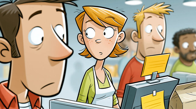 Kollegen stehen ratlos an Kassenterminal im B&uuml;ro, Comicillustration mit vier Personen