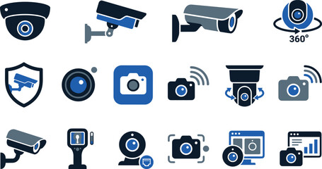Fototapeta premium Set of Security Camera and CCTV Surveillance Icons Featuring Dome, Bullet, and 360-Degree Cameras, Wireless Monitoring, and Digital Video Recording Concepts for Home and Business Security