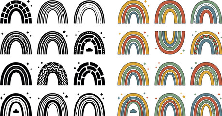 Boho rainbow icon collection with black silhouette and colorful muted terracotta scandinavian style abstract shapes nursery decor vector illustration © MdMehedi