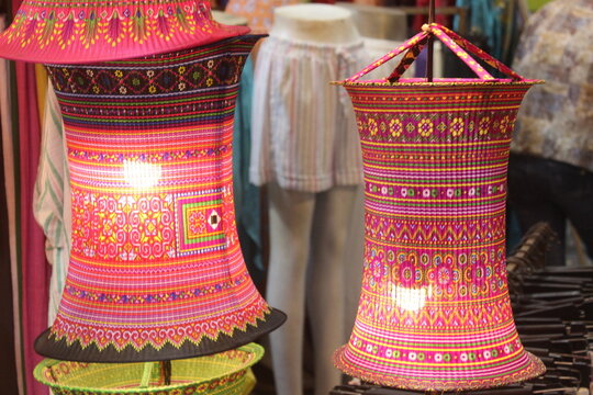 Traditional handmade fabric lanterns with intricate ethnic patterns for sale now.