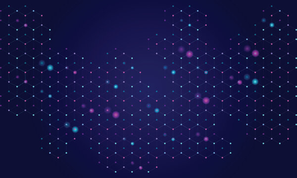 Abstract Technology dark blue Background. Futuristic Hexagonal Grid Pattern with Glowing Pink and Blue Dots for Data Network, Healthcare, and Digital Connectivity Concepts
